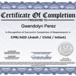 Certificate of completion awarded to Gwendolyn Perez for successful completion of CPR/AED (Adult, Child, Infant) training, issued February 28, 2025, and expiring February 28, 2027.