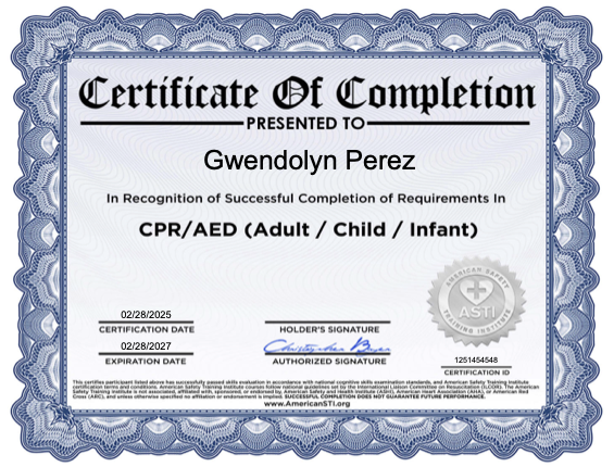 Certificate of completion awarded to Gwendolyn Perez for successful completion of CPR/AED (Adult, Child, Infant) training, issued February 28, 2025, and expiring February 28, 2027.