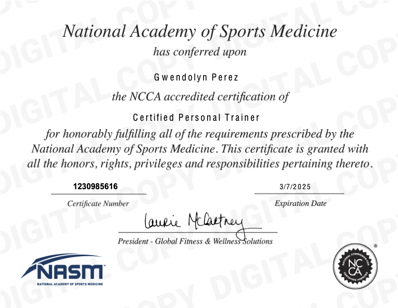 Certificate awarded to Gwendolyn Perez for successful completion of CPR/AED (Adult, Child, Infant) training, issued November 2, 2022, expiring November 2, 2024.