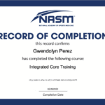 Certificate of completion from NASM awarded to Gwendolyn Perez for completing Integrated Core Training course, dated February 28, 2023.