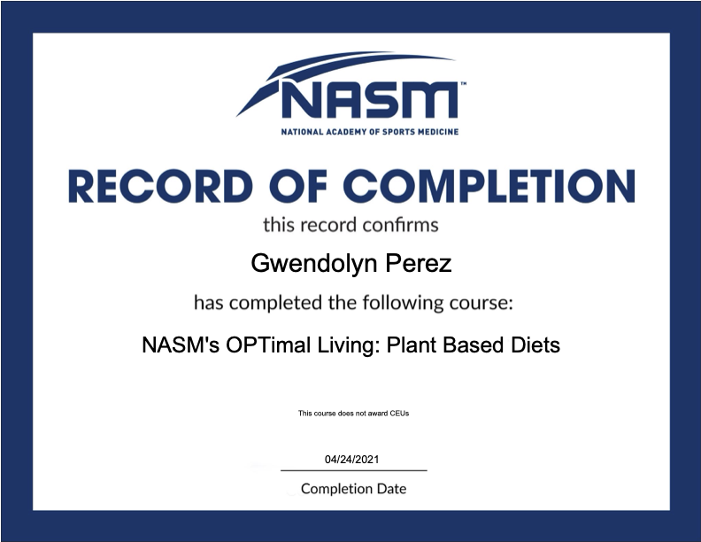Certificate of completion from AFAA awarded to Gwendolyn Perez for completing Hydration: Through the Lens of Fitness and Health course, dated May 1, 2021.