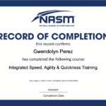 Certificate of completion from NASM awarded to Gwendolyn Perez for completing NASM's OPTimal Living: Plant-Based Diets course, dated April 24, 2021.