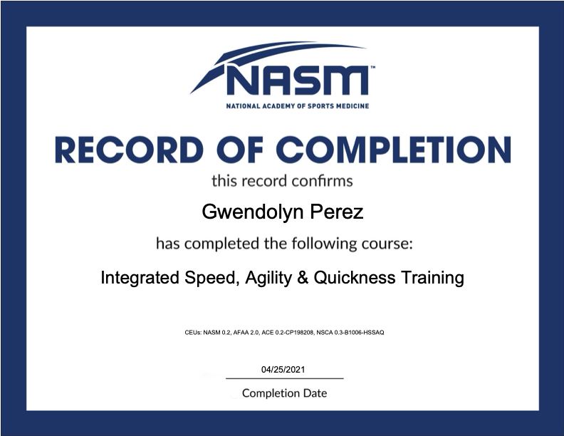 Certificate of completion from NASM awarded to Gwendolyn Perez for completing NASM's OPTimal Living: Plant-Based Diets course, dated April 24, 2021.