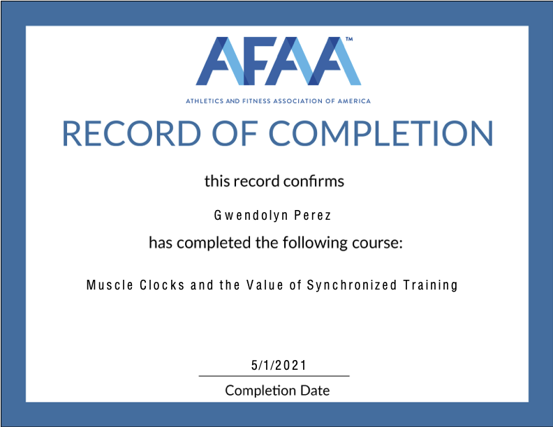 Certificate of completion from NASM awarded to Gwendolyn Perez for completing Integrated Speed, Agility & Quickness Training, dated April 25, 2021.