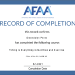 Certificate of completion from AFAA awarded to Gwendolyn Perez for completing Muscle Clocks and the Value of Synchronized Training course, dated May 1, 2021.