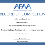 Certificate of completion from AFAA awarded to Gwendolyn Perez for completing Timing is Everything in Nutrition and Exercise course, dated May 1, 2021.